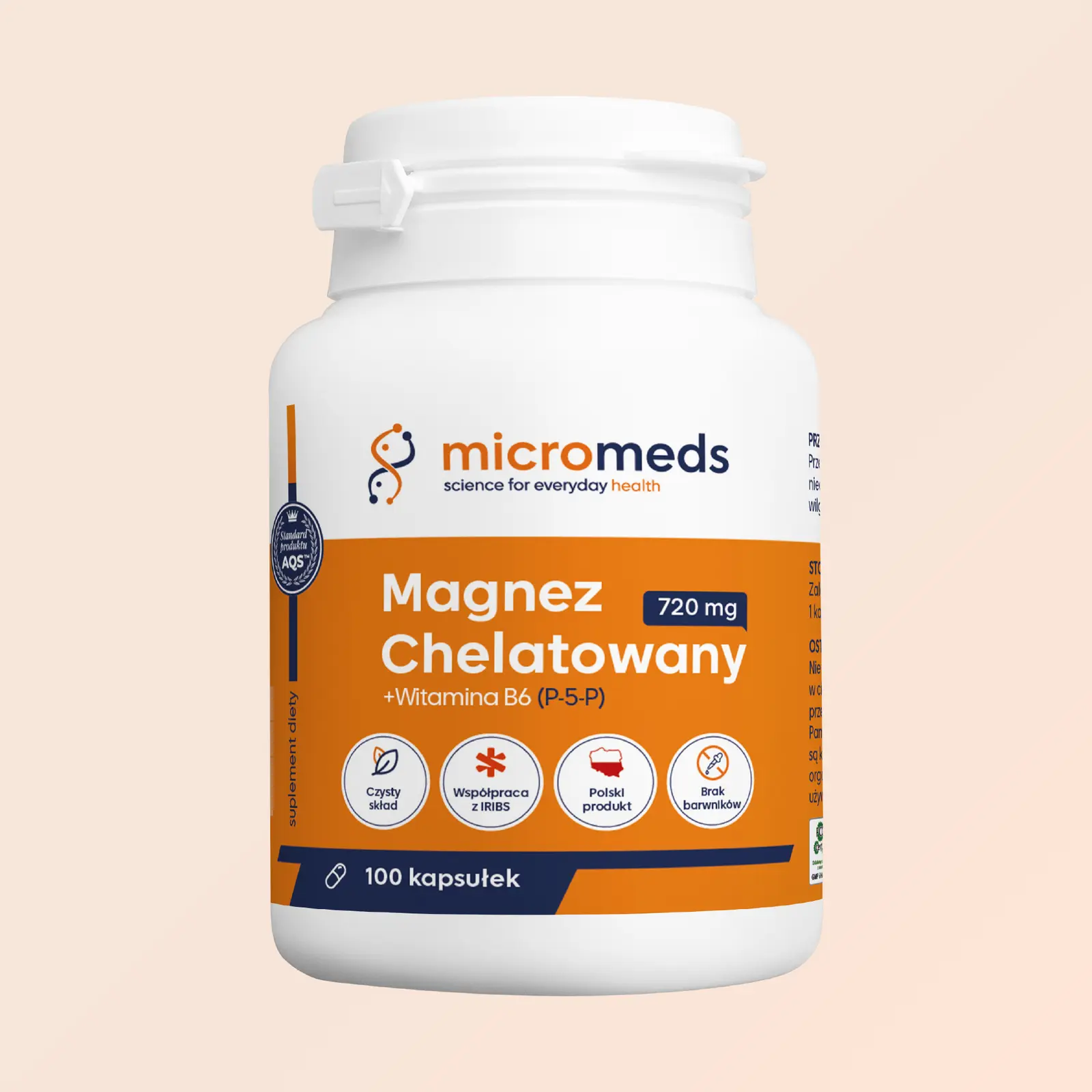 Magnez Chelatowany 720 mg + Witamina B6 (P-5-P) – 100 kapsułek